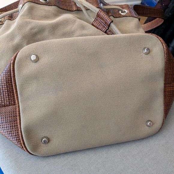 Vintage Talbots Bucket Bag Tan Brown Y2K Handbag Purse Leather Canvas Crossbody - Picture 9 of 16